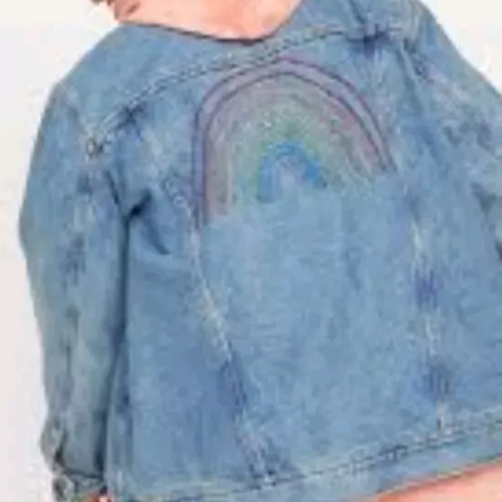Old Navy Rainbow Trucker Jean Jacket Woman XXL Boyfriend Embroidered Blue Y2k